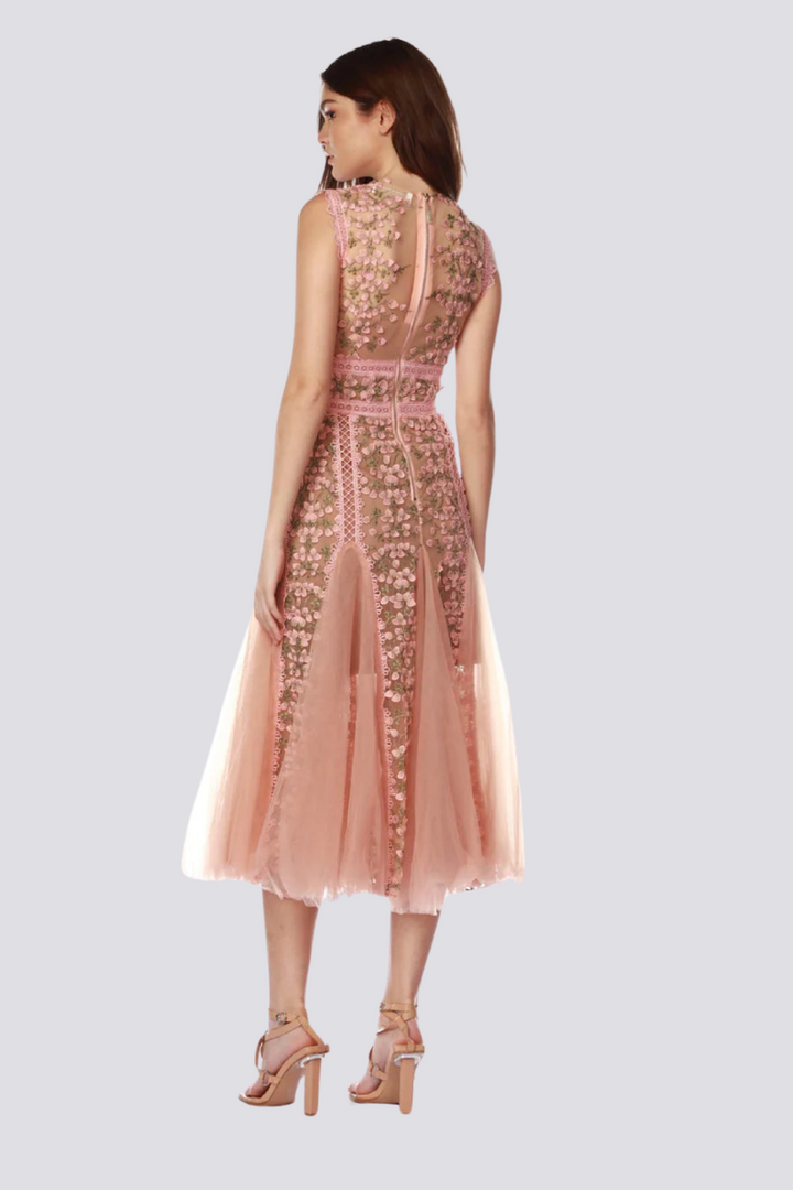 Ays Round Neck Mesh Embroidered Midi Dress In Beige