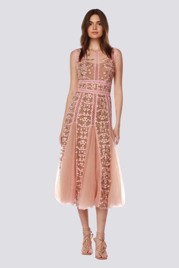 Ays Round Neck Mesh Embroidered Midi Dress In Beige