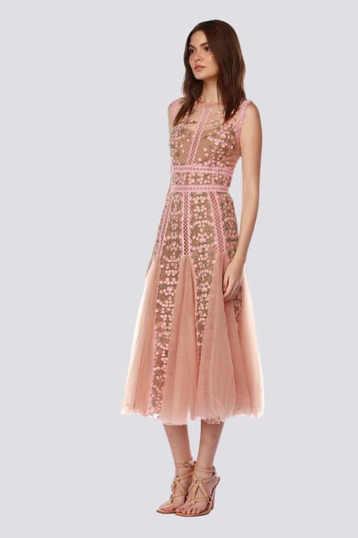 Ays Round Neck Mesh Embroidered Midi Dress In Beige