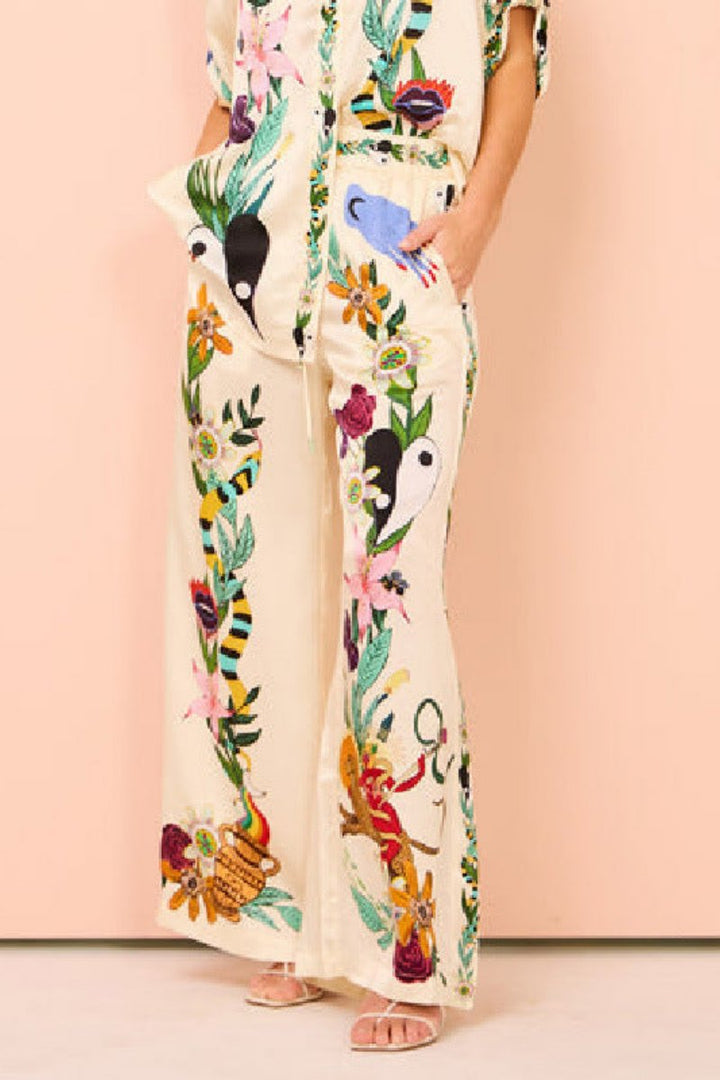 Cris Boho Natureza Printed Satin Shirt & Pants Set