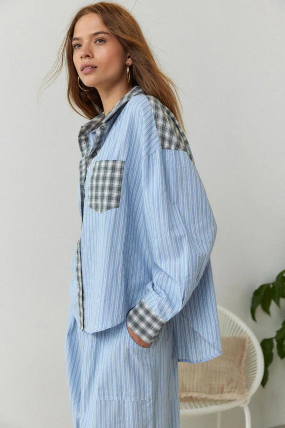 Rue Sky Blue Loose Splice Pajama Set