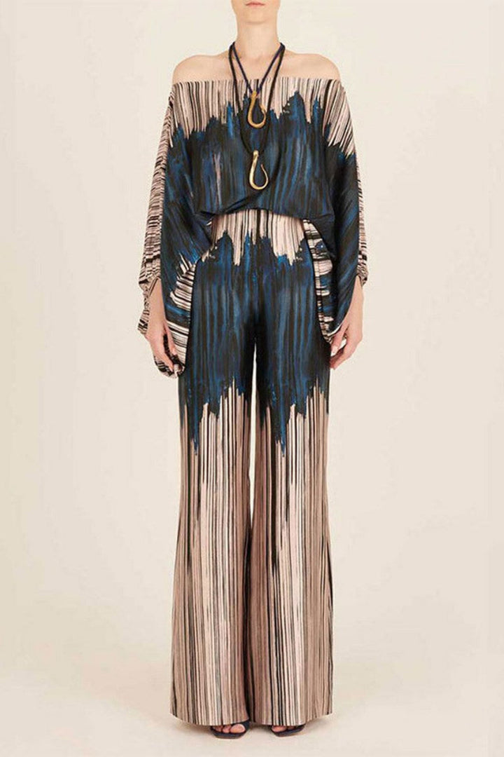 Emma Abstract Waves Two-Piece Set - Blue-Brown
