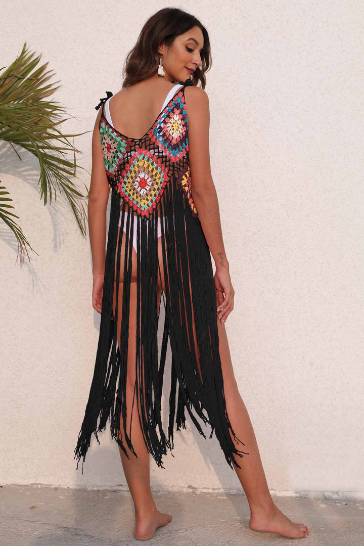 Gretel Rainbow Square Pattern Fringe Crochet Knit Cami Top