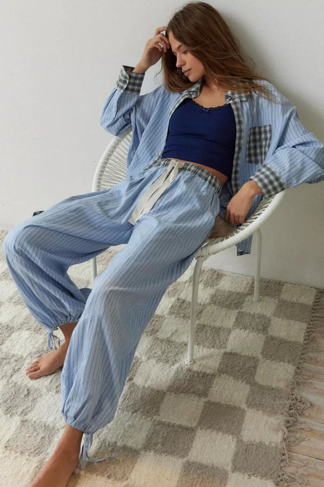Rue Sky Blue Loose Splice Pajama Set