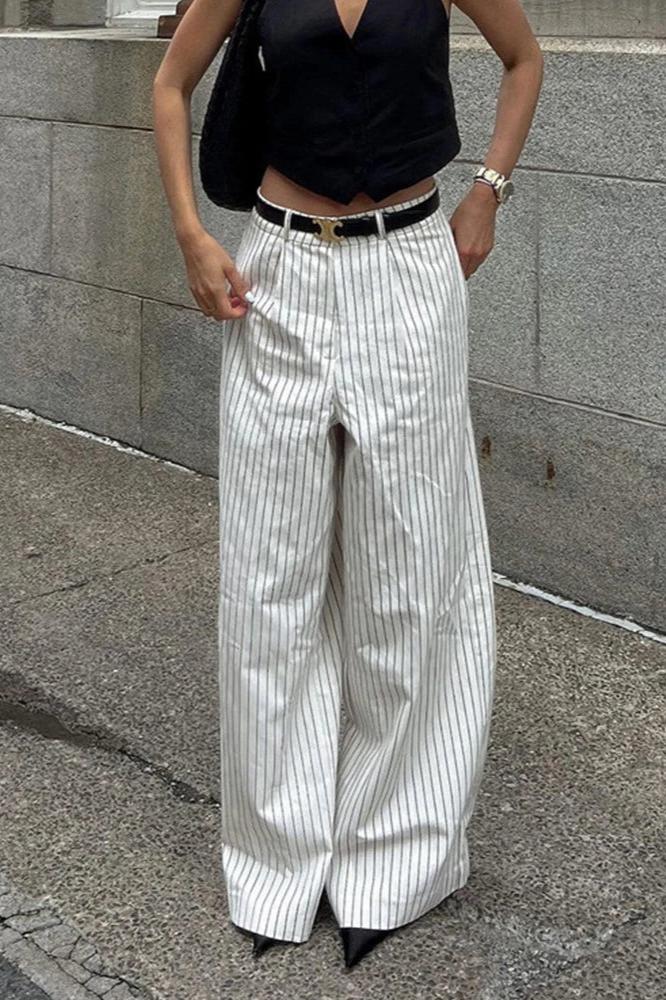 Dov-Striped Pockets Wide Leg Pants Without Belt