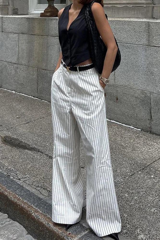 Dov-Striped Pockets Wide Leg Pants Without Belt