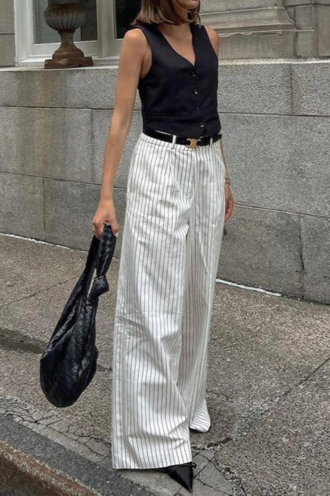 Dov-Striped Pockets Wide Leg Pants Without Belt