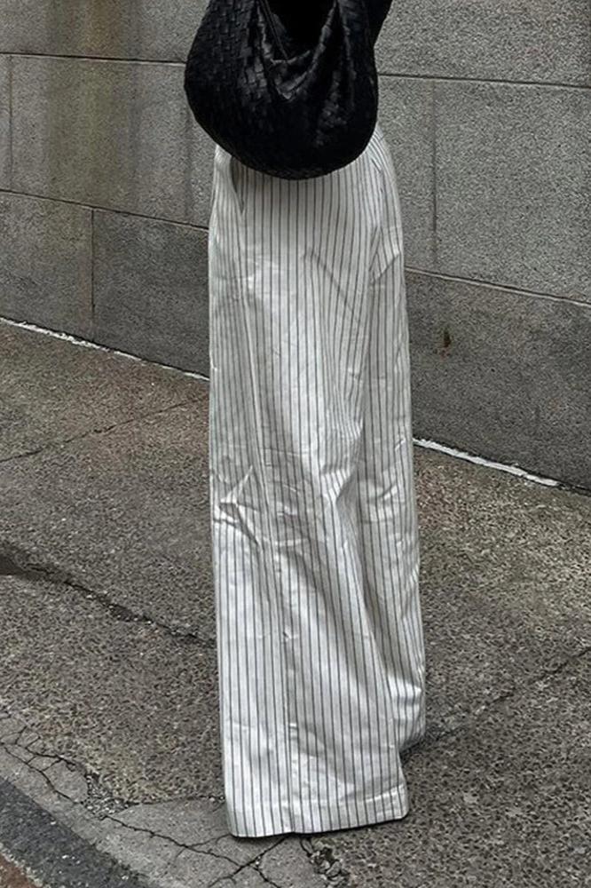 Dov-Striped Pockets Wide Leg Pants Without Belt