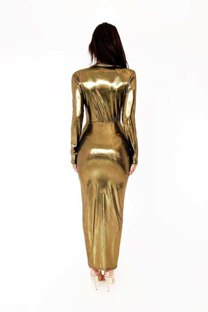 Aunika Metallic V-neck Slit Midi Dress