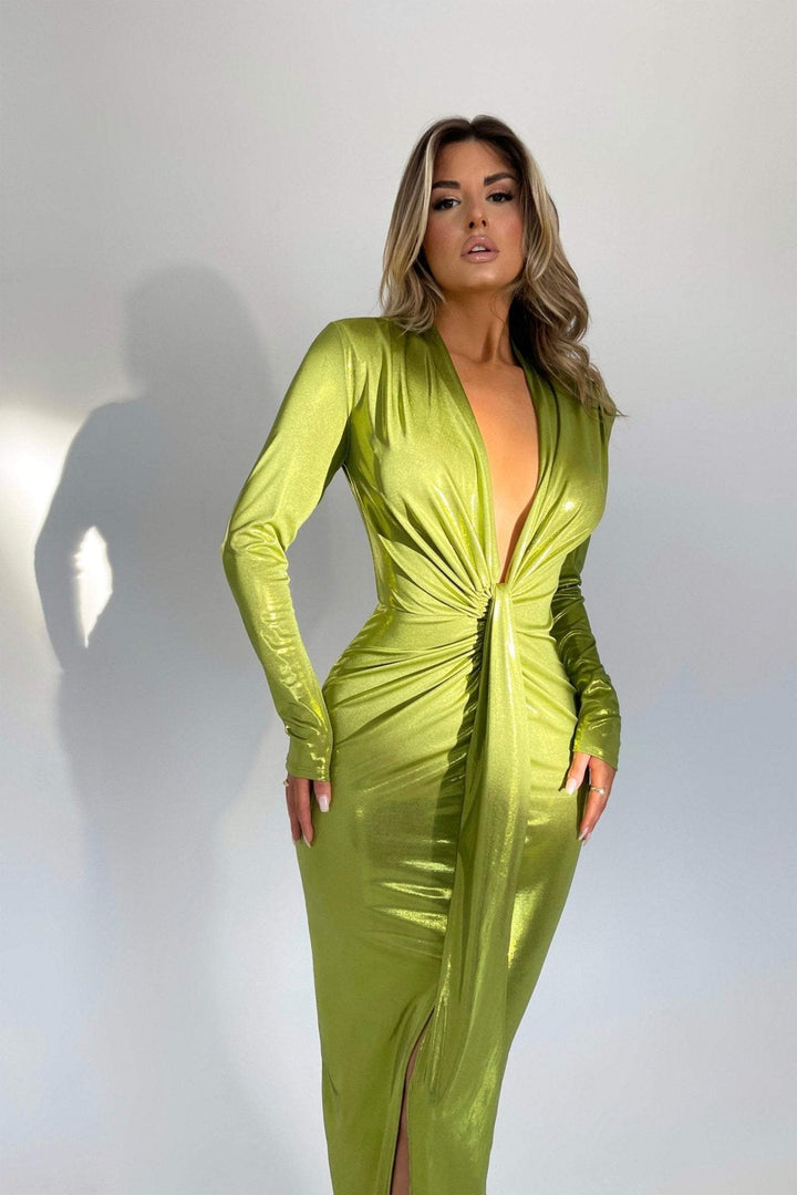 Aunika Metallic V-neck Slit Midi Dress