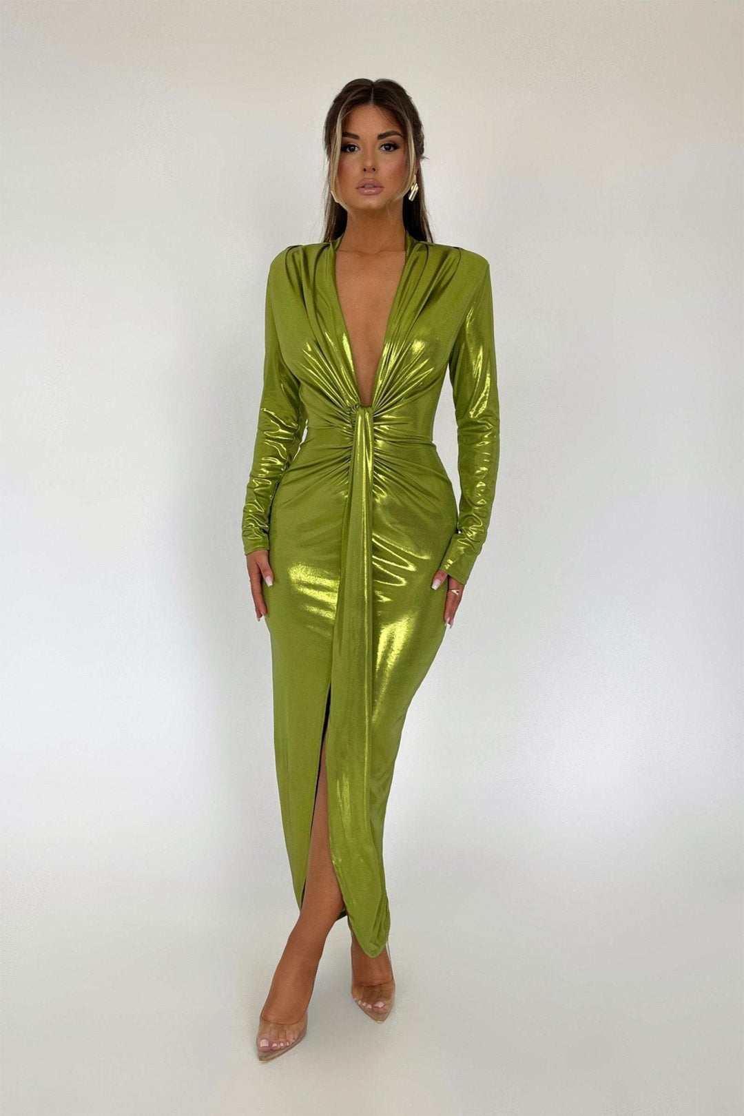Aunika Metallic V-neck Slit Midi Dress