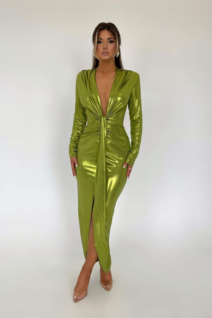 Aunika Metallic V-neck Slit Midi Dress