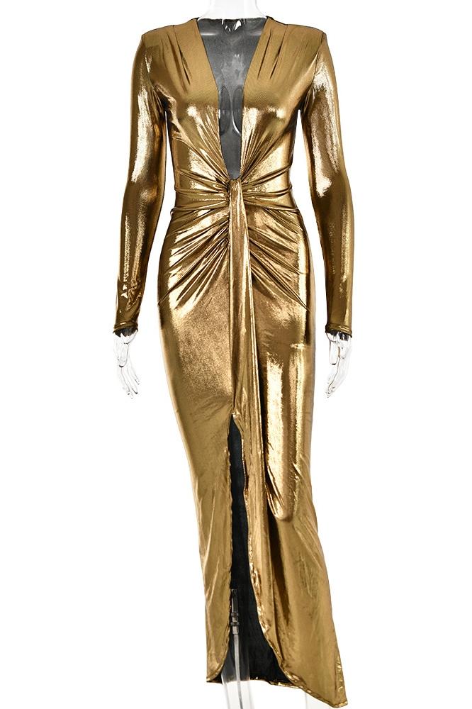 Aunika Metallic V-neck Slit Midi Dress