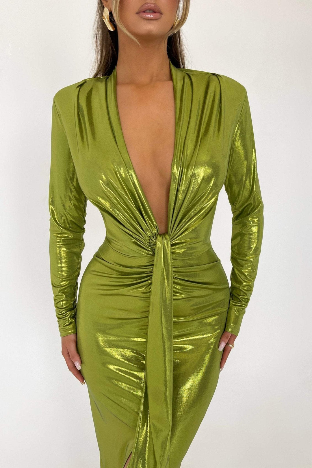 Aunika Metallic V-neck Slit Midi Dress