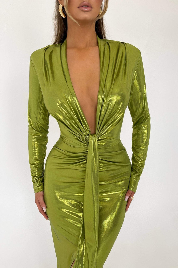 Aunika Metallic V-neck Slit Midi Dress