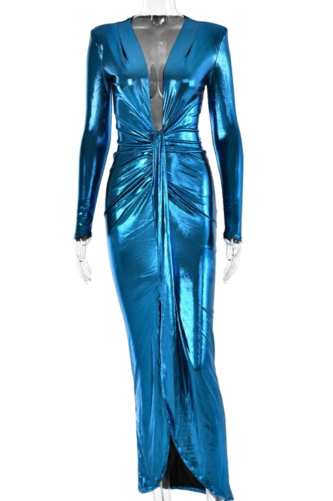 Aunika Metallic V-neck Slit Midi Dress