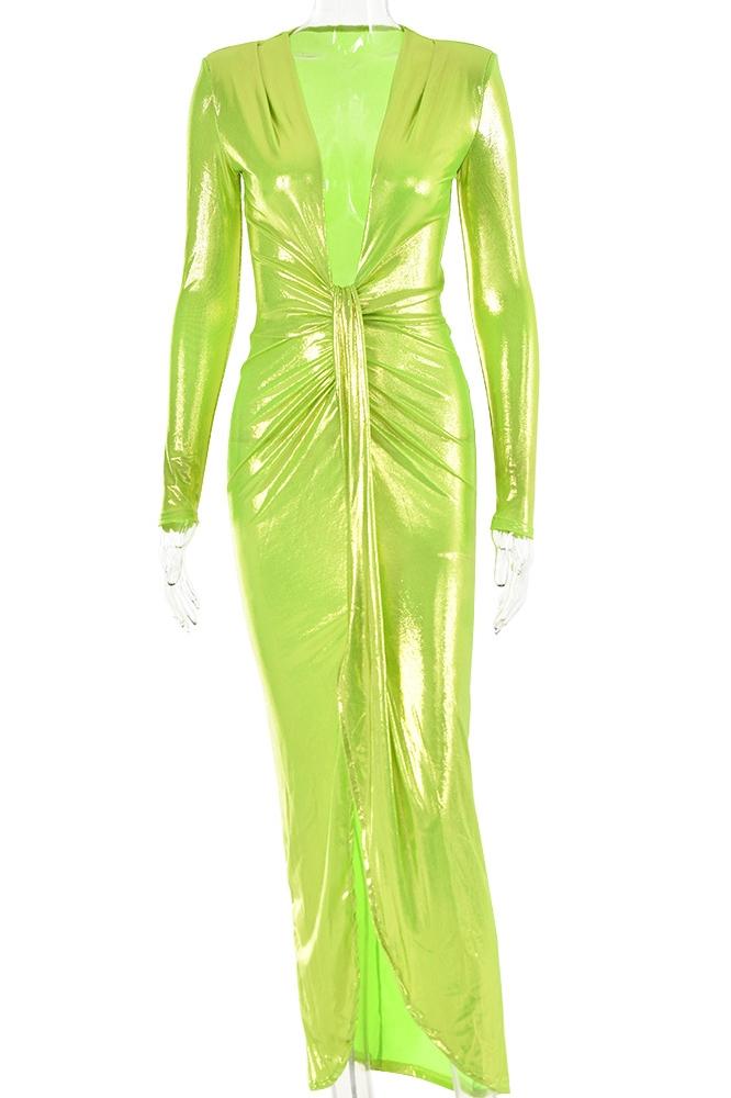 Aunika Metallic V-neck Slit Midi Dress