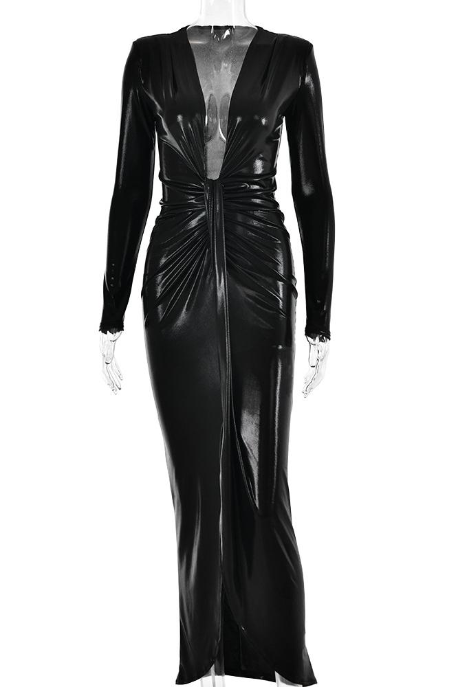 Aunika Metallic V-neck Slit Midi Dress