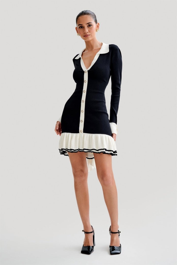 Eli Contrast Ruffle Bow Mini Knit Dress