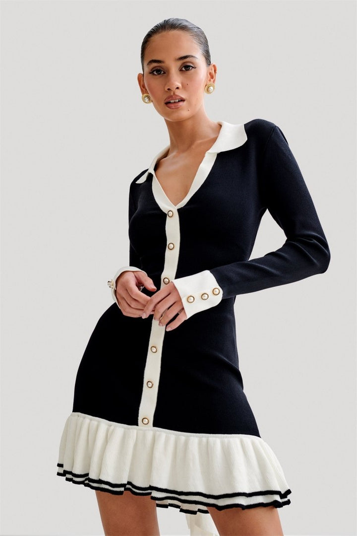 Eli Contrast Ruffle Bow Mini Knit Dress