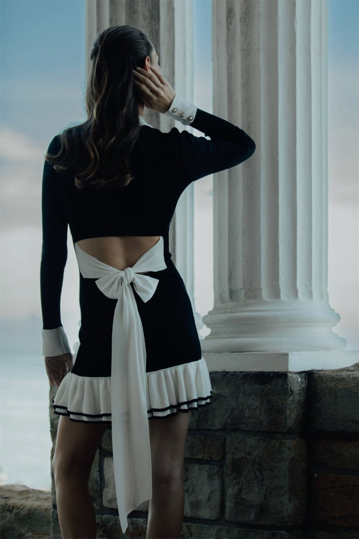 Eli Contrast Ruffle Bow Mini Knit Dress