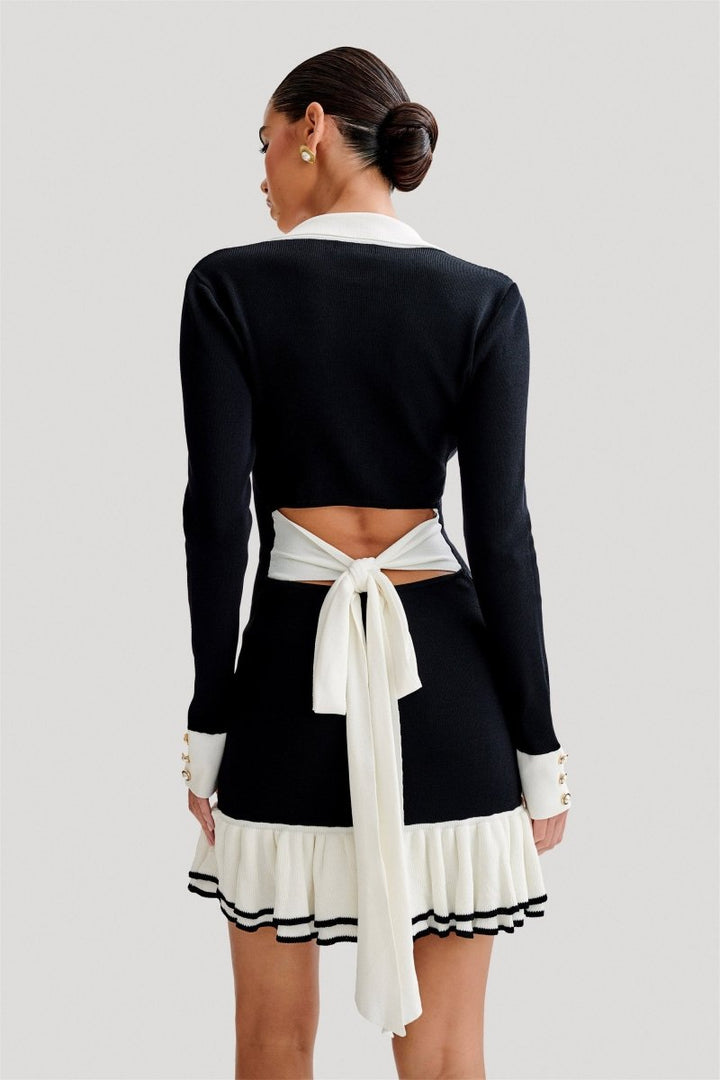 Eli Contrast Ruffle Bow Mini Knit Dress