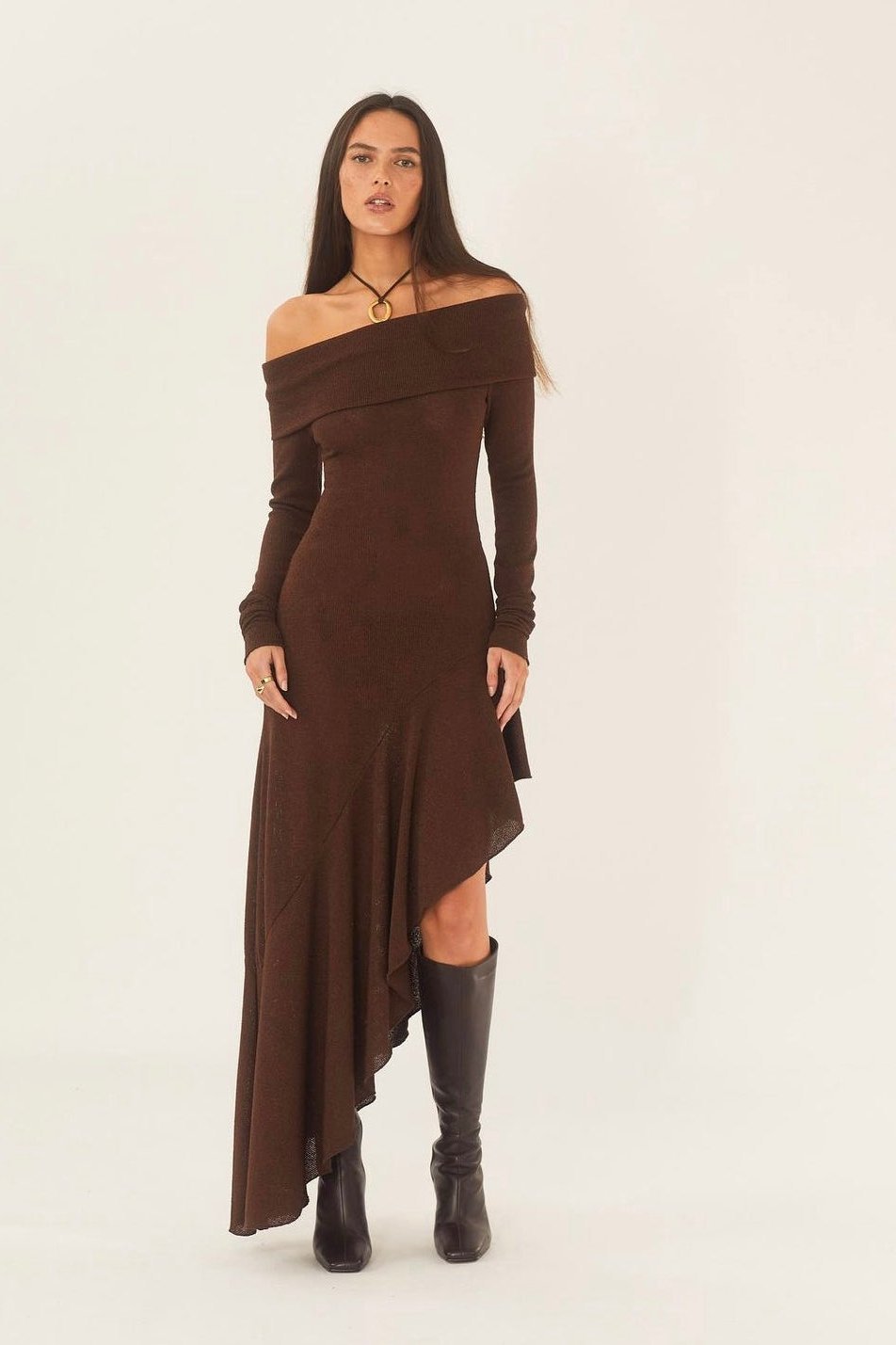 Aster Off-shoulder Flare Midi Knit Dress