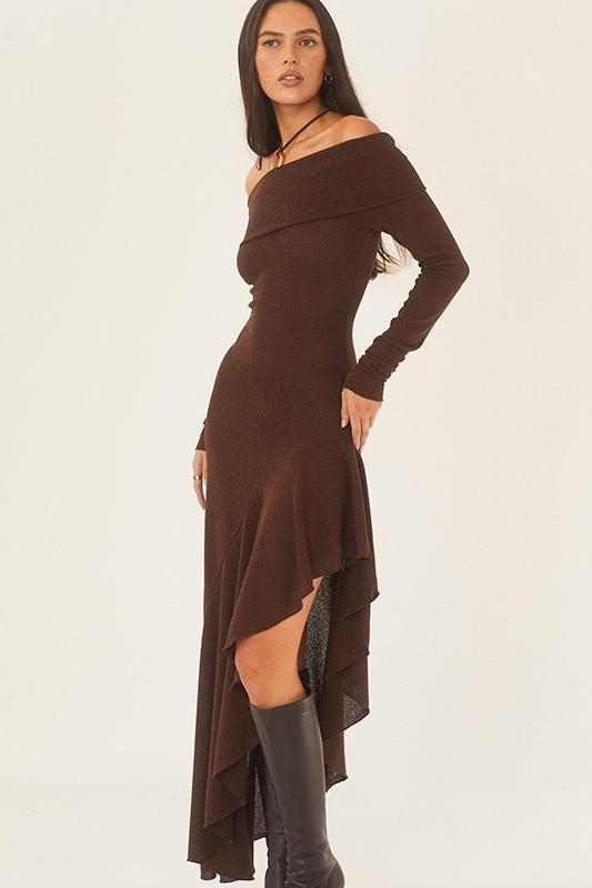 Aster Off-shoulder Flare Midi Knit Dress