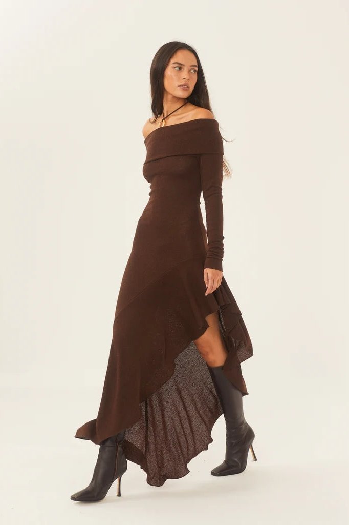 Aster Off-shoulder Flare Midi Knit Dress