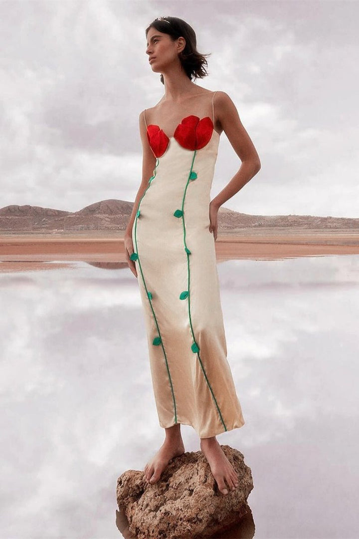 Churchelle Rose Detailed High Slit Maxi Dress