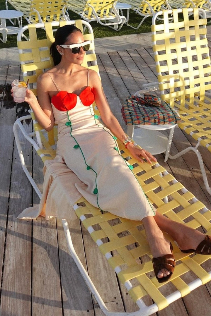 Churchelle Rose Detailed High Slit Maxi Dress