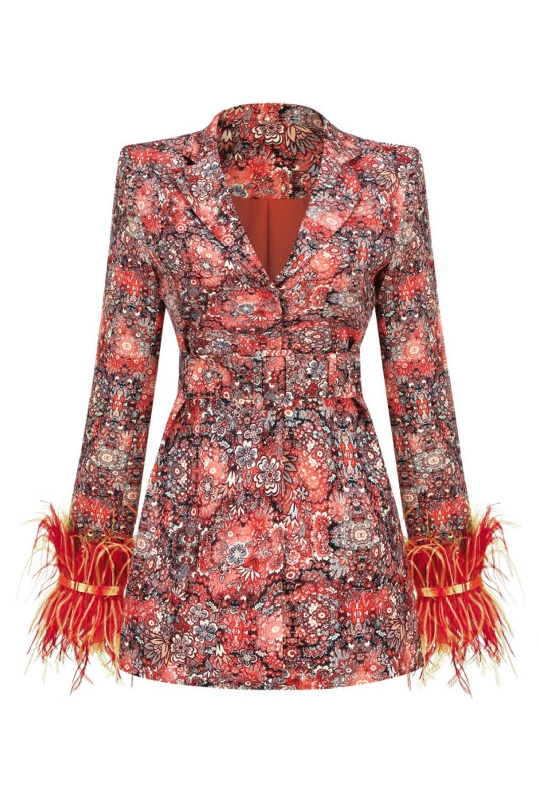 Hazel Printed Feather Belted Mini Blazer Dress