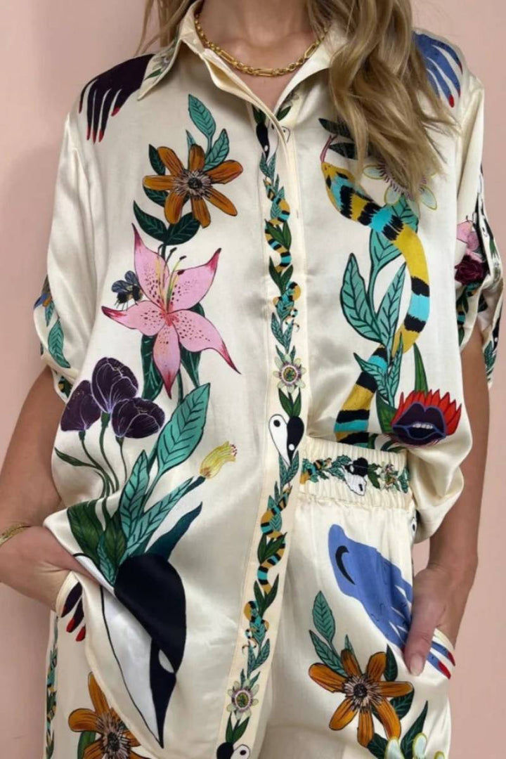 Cris Boho Natureza Printed Satin Shirt & Pants Set