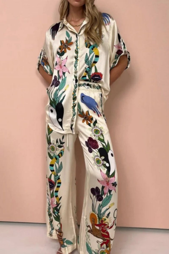 Cris Boho Natureza Printed Satin Shirt & Pants Set