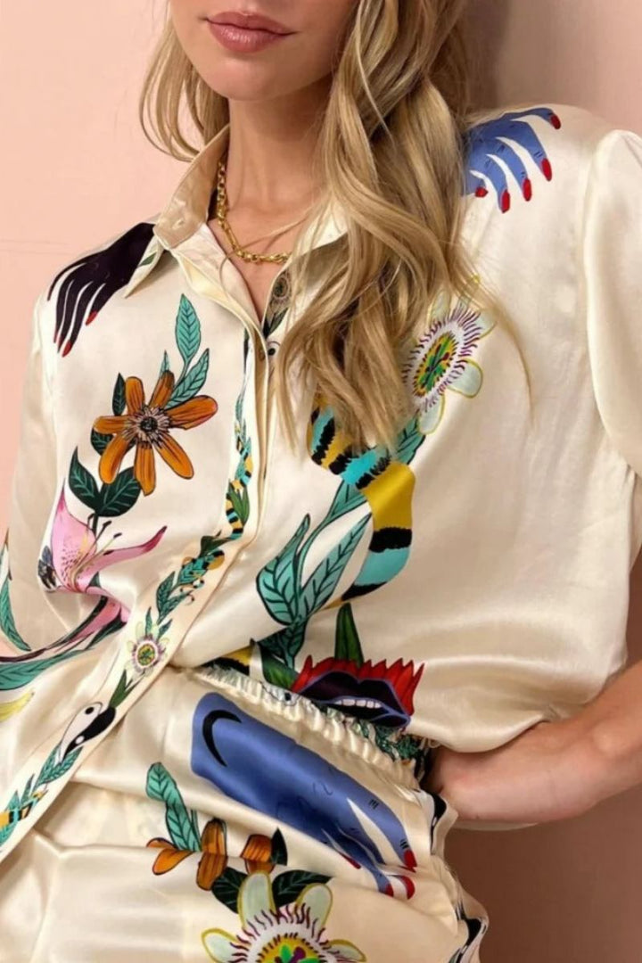 Cris Boho Natureza Printed Satin Shirt & Pants Set