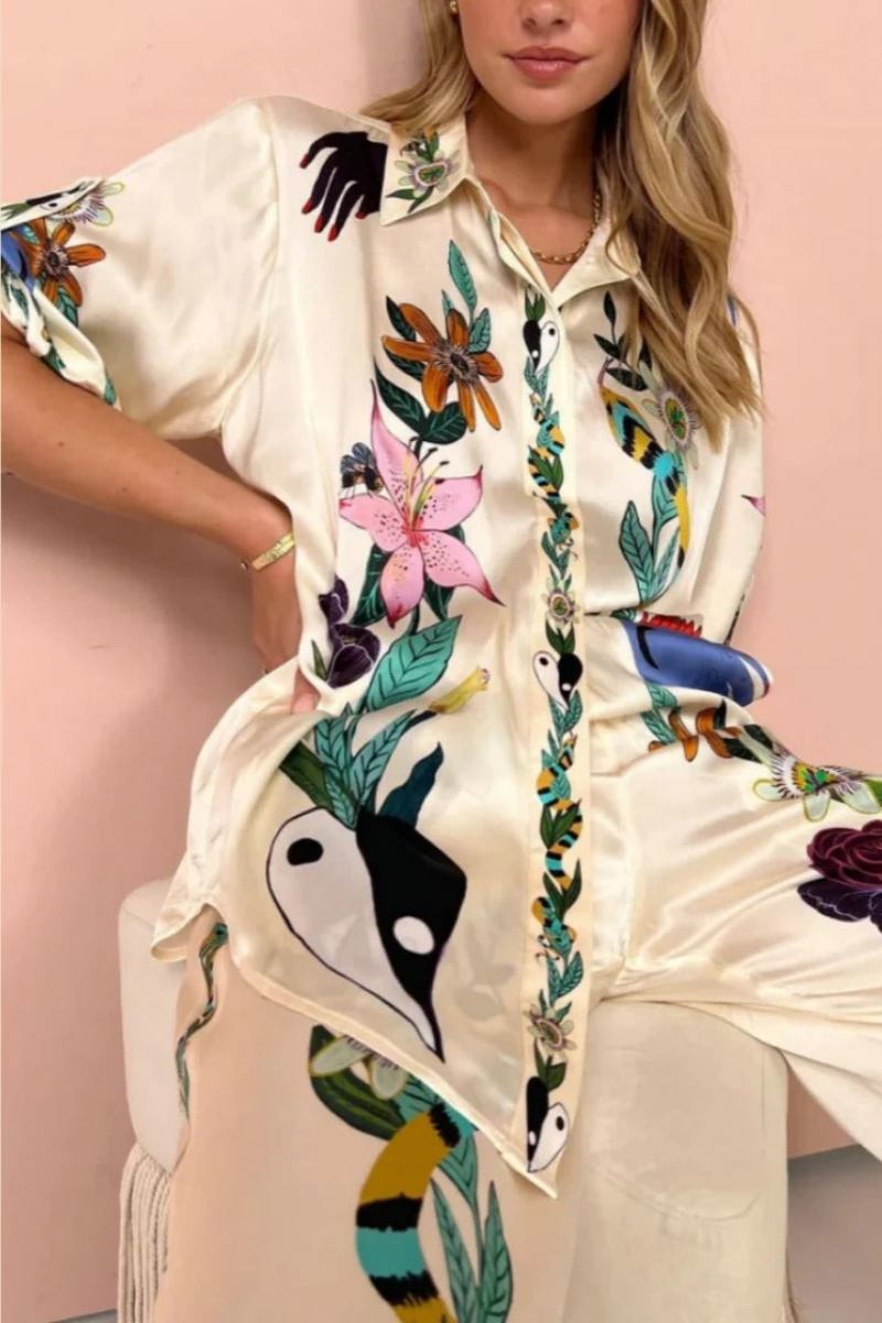 Cris Boho Natureza Printed Satin Shirt & Pants Set