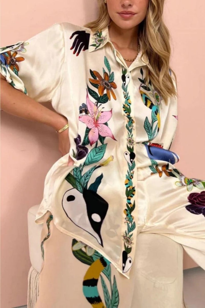 Cris Boho Natureza Printed Satin Shirt & Pants Set