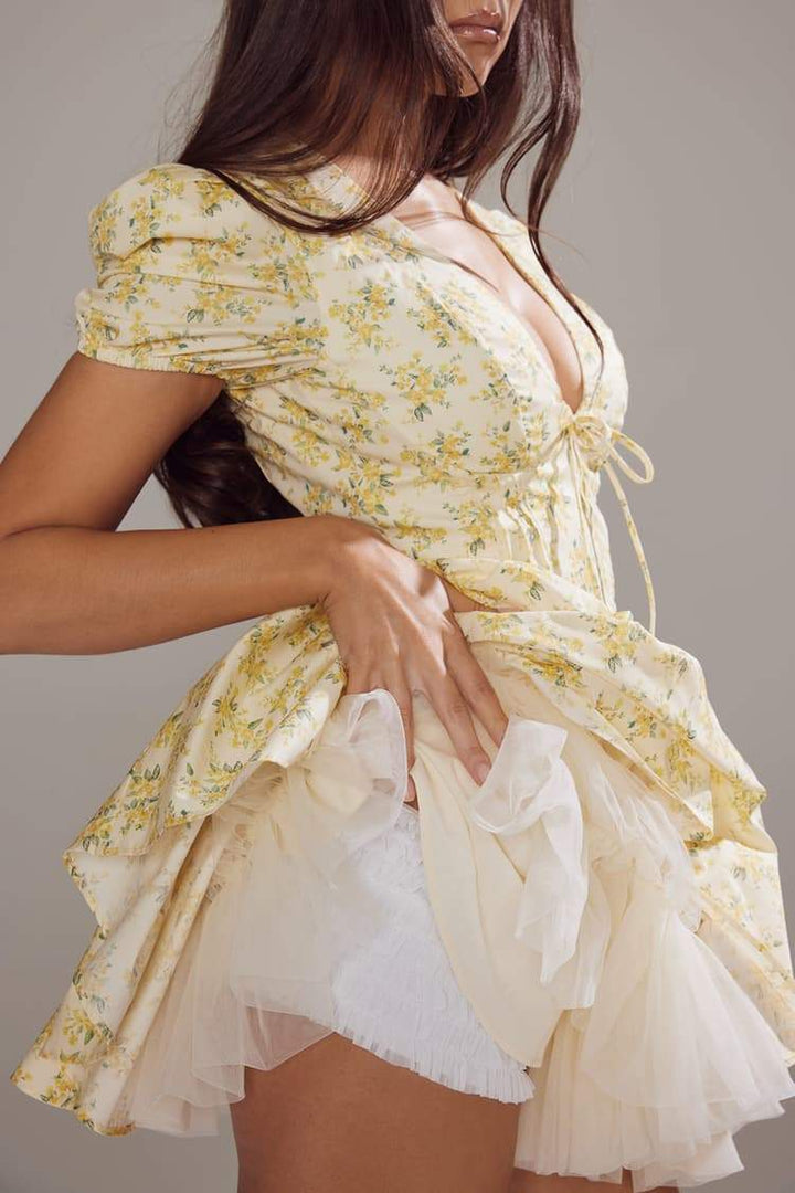 Ivory Floral V-neck Corset Mini Dress