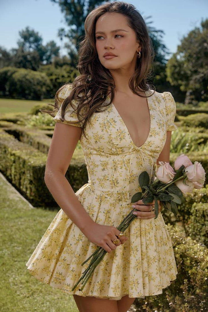 Ivory Floral V-neck Corset Mini Dress