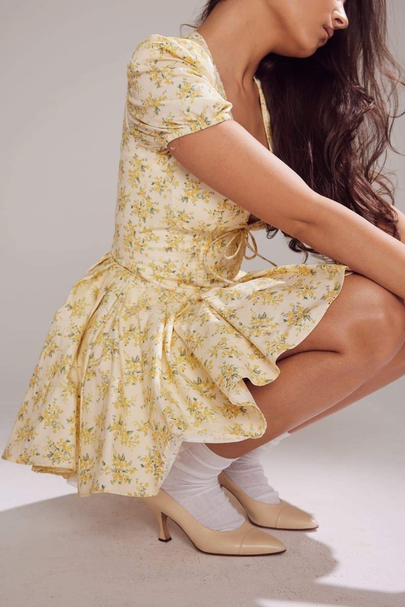 Ivory Floral V-neck Corset Mini Dress