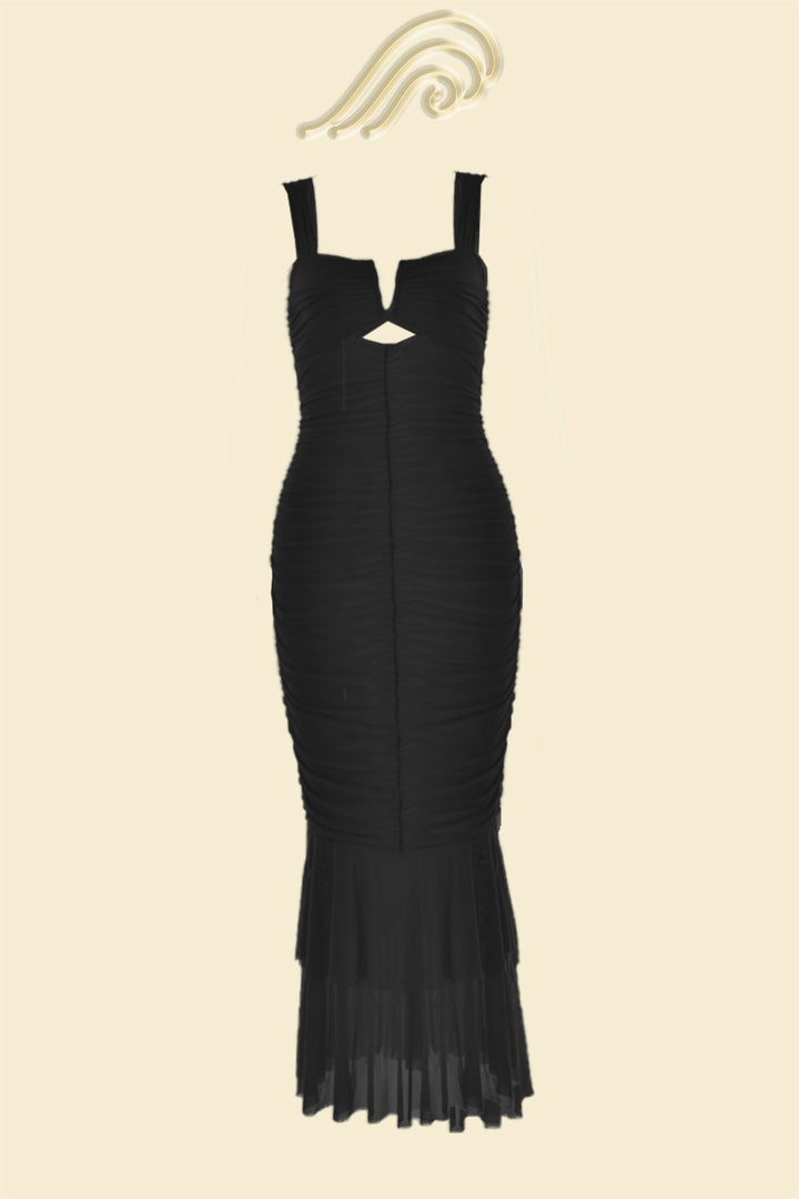 Esther Gathered Flare Mesh Midi Dress