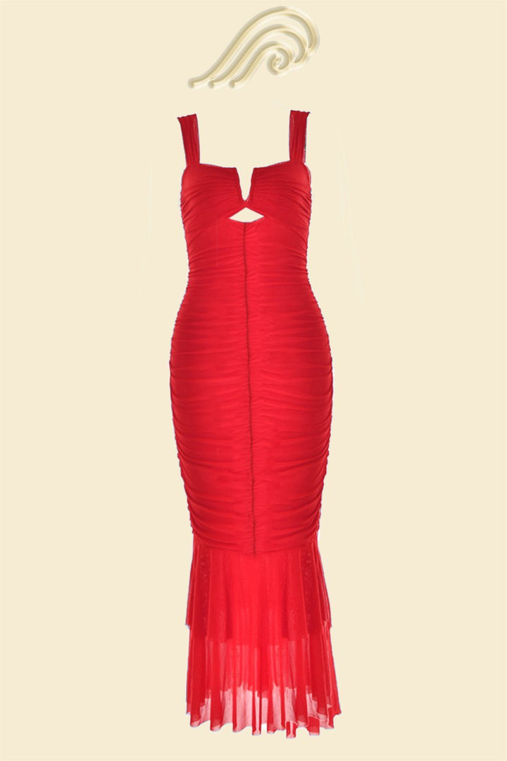 Esther Gathered Flare Mesh Midi Dress