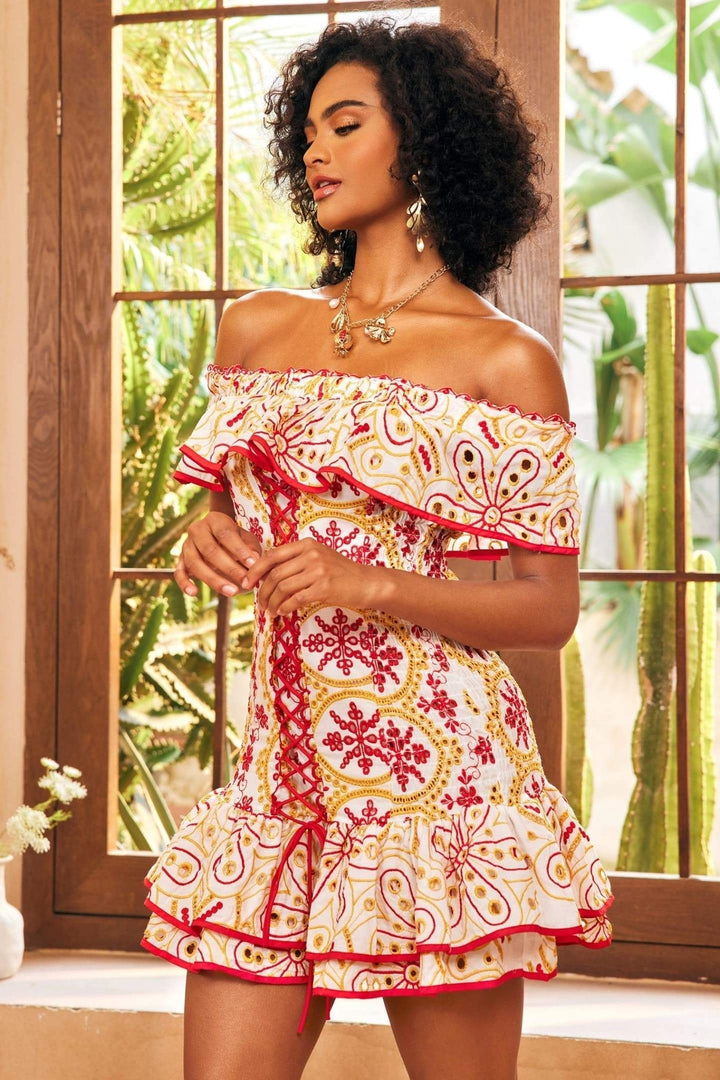 Valentina Printed Embroidered Off-shoulder Mini Dress
