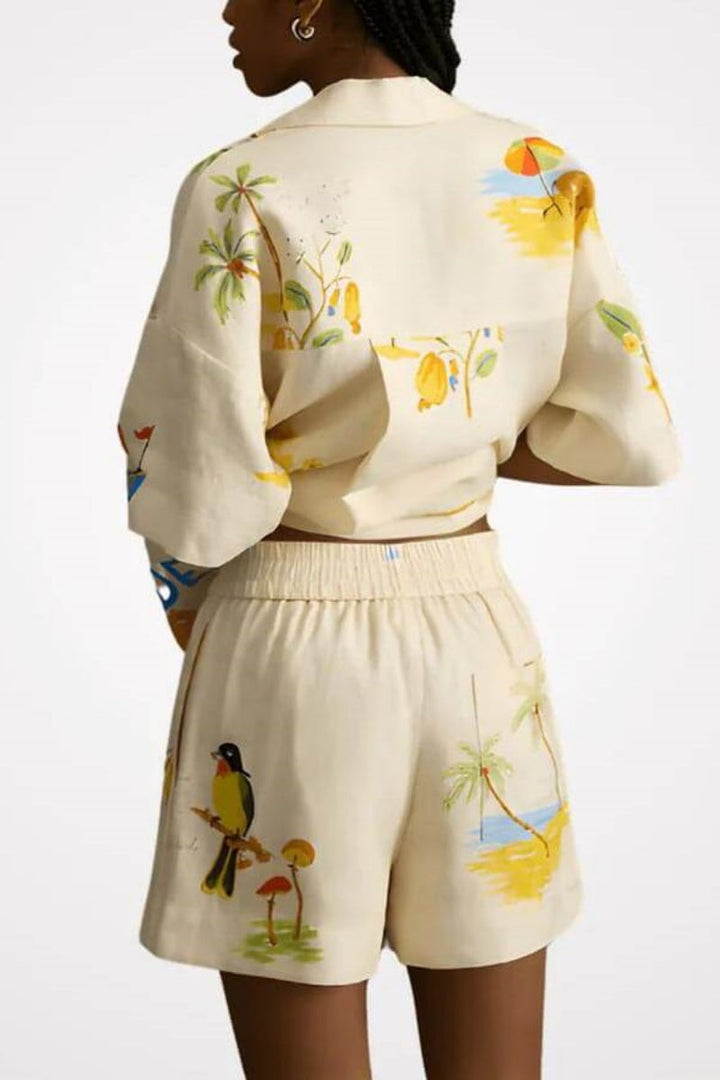 Cova-Unique Holiday Folk Floral Print Loose Shorts Two-Piece Set
