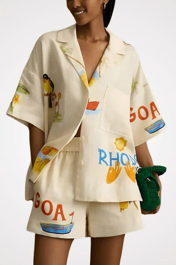 Cova-Unique Holiday Folk Floral Print Loose Shorts Two-Piece Set