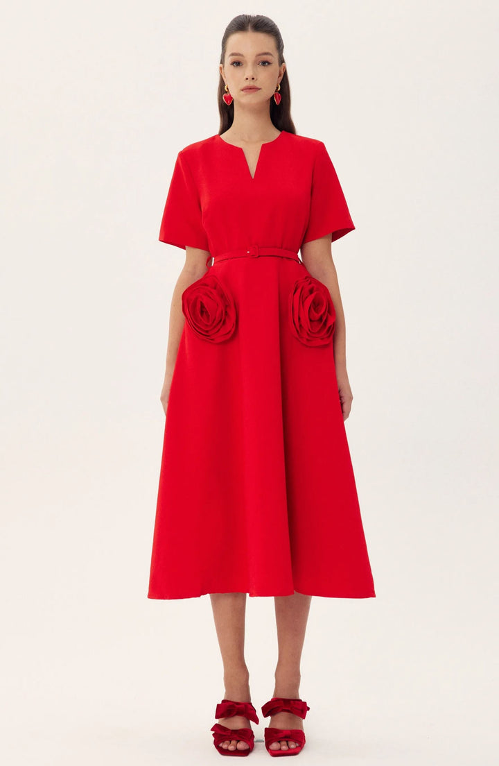 Golinda Floral Appliqué Short Sleeve Midi Dress