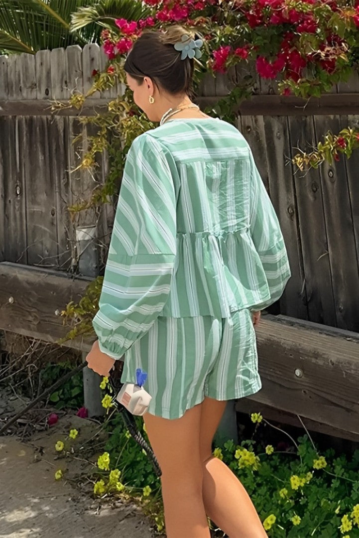 Graziel Lantern Sleeve Stripe Shirt Shorts Sets