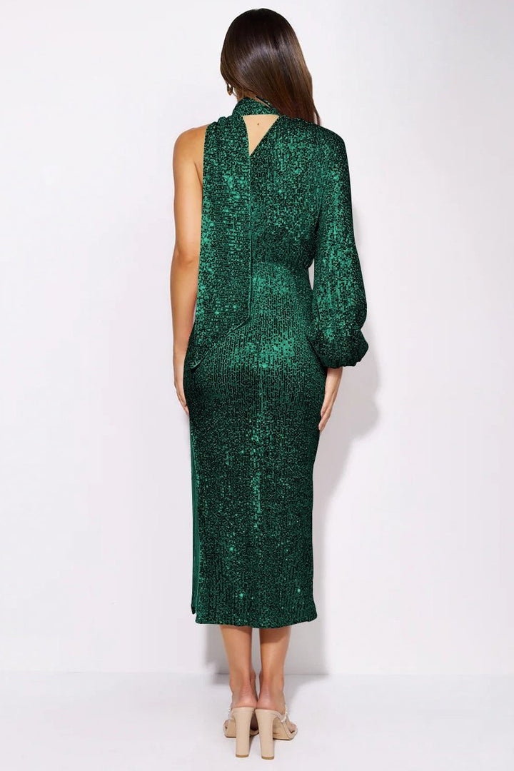 Diva Sequins Halterneck Asymmetry Midi Dress