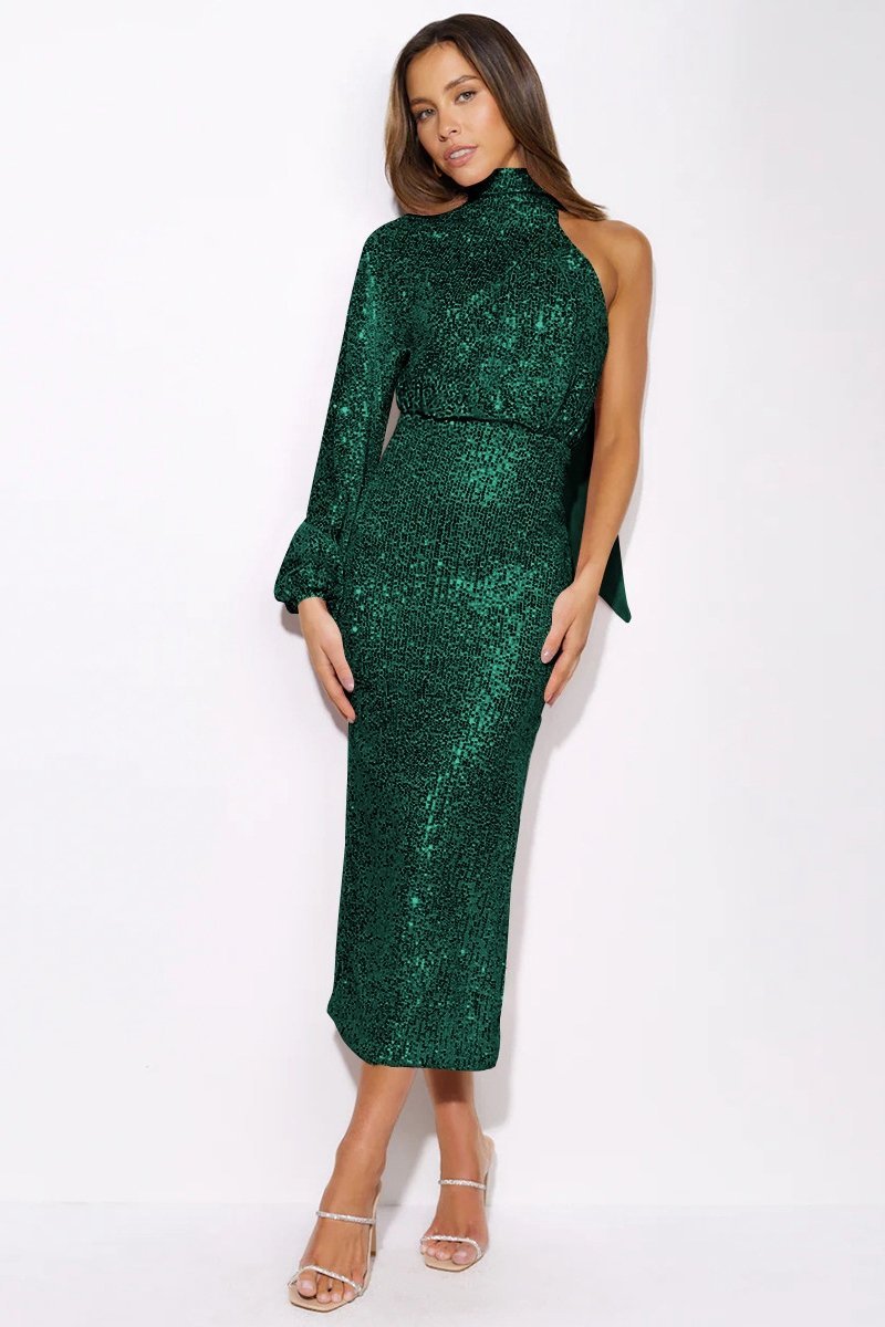 Diva Sequins Halterneck Asymmetry Midi Dress