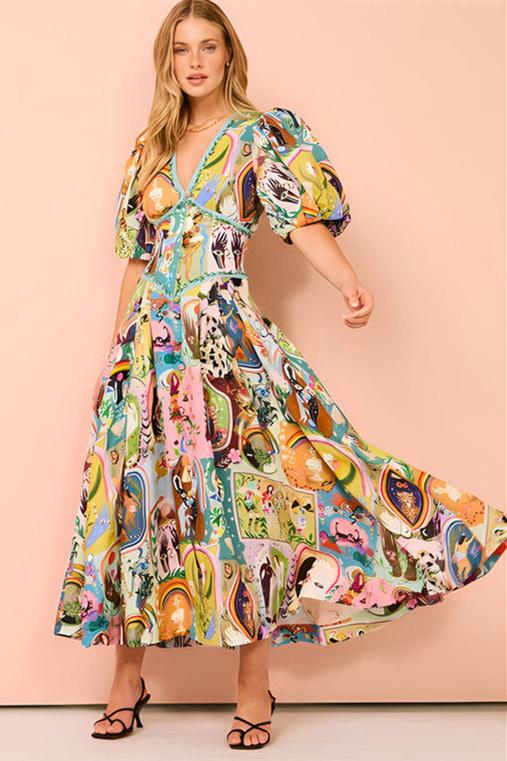 Fauzia V-neck Puff Sleeve Midi Dress